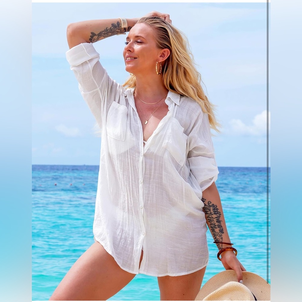 Button Down Swim Cover Up Shirt Sexy Long Sleeve Beach Blouse Bathing Suit